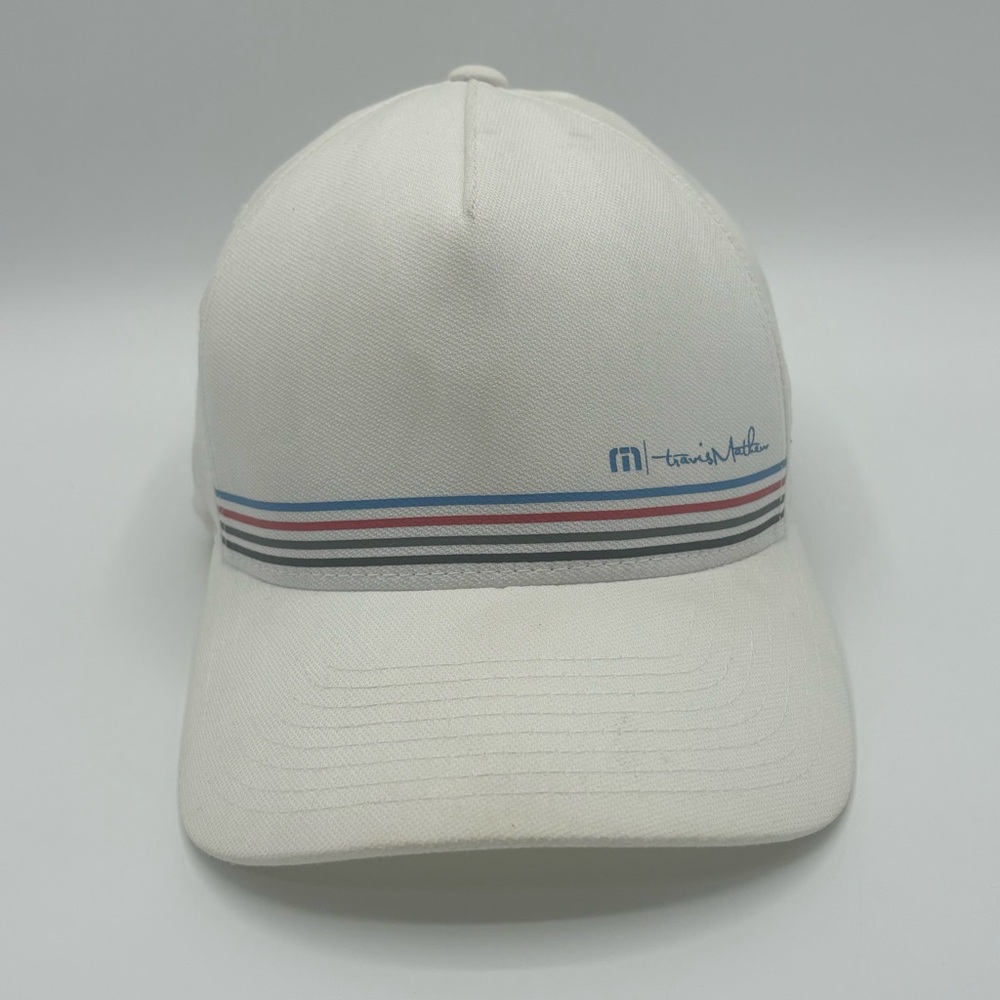 Travis Mathew Flex Fit Hat L / XL White - Red Blue Gray Striped